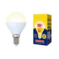 Лампа светодиодная LED-G45-11W/WW/E14/FR/NR Форма шар, матовая. Серия Norma. Теплый белый свет (3000K). Картон. ТМ Volpe Uniel UL-00003832