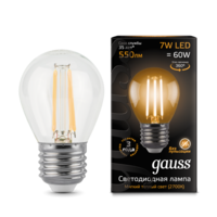 Лампа светодиодная филаментная Filament 7Вт шар 2700К тепл. бел. E27 550лм GAUSS 105802107