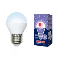 Лампа светодиодная LED-G45-7W/DW/E27/FR/NR Форма шар, матовая. Серия Norma. Дневной белый свет (6500K). Картон. ТМ Volpe Uniel UL-00003821