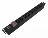 Блок розеток SHE19-8IEC-S-IEC для 19дюйм шкафов горизонт. с выкл. и подсветкой 8хIEC 320 C13 10A 250В без кабеля питания входная розетка IEC C14 482.6x44.4x44.4мм Hyperline 426785