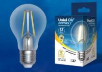 Лампа светодиодная диммируемая. LED-A60-12W/3000K/E27/CL/DIM GLA01TR Форма А, прозрачная. Серия Air. Теплый белый свет (3000K). Картон. ТМ Uniel. UL-00005183