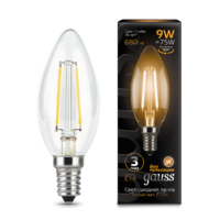 Лампа светодиодная филаментная Filament 9Вт свеча 2700К тепл. бел. E14 680лм GAUSS 103801109
