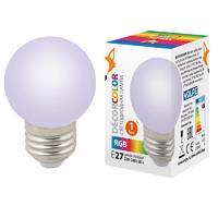 Лампа светодиодная LED-G45-1W/RGB/E27/FR/С 1Вт шар матовая RGB E27 декоративная (упак. картон) Volpe UL-00005808 Uniel