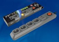 Удлинитель с сетевым фильтром 4х3м заземл. 10А Lux SGSL5-3U GREY 1хUSB 1А ПВС 3х0.75 защита от перенапряж. короткого замыкания Uniel UL-00001761