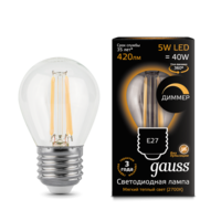 Лампа светодиодная филаментная Filament 5Вт шар 2700К тепл. бел. E27 420лм диммир. GAUSS 105802105-D