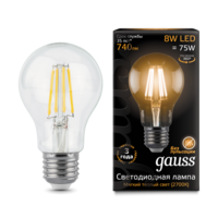 Лампа светодиодная филаментная Filament 8Вт A60 2700К тепл. бел. E27 740лм GAUSS 102802108