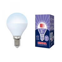 Лампа светодиодная LED-G45-7W/DW/E14/FR/NR Форма шар, матовая. Серия Norma. Дневной белый свет (6500K). Картон. ТМ Volpe Uniel UL-00003818
