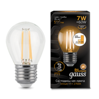 Лампа светодиодная филаментная Filament 7Вт шар 2700К тепл. бел. E27 550лм шаг. диммир. GAUSS 105802107-S