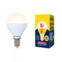 Лампа светодиодная LED-G45-9W/WW/E14/FR/NR Форма шар, матовая. Серия Norma. Теплый белый свет (3000K). Картон. ТМ Volpe Uniel UL-00003826
