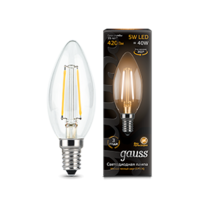 Лампа светодиодная филаментная Filament 5Вт свеча 2700К тепл. бел. E14 420лм GAUSS 103801105