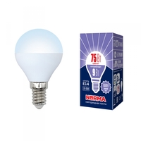 Лампа светодиодная LED-G45-9W/DW/E14/FR/NR Форма шар, матовая. Серия Norma. Дневной белый свет (6500K). Картон. ТМ Volpe Uniel UL-00003824