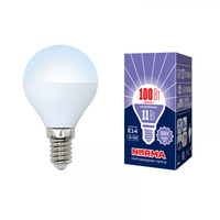Лампа светодиодная LED-G45-11W/DW/E14/FR/NR Форма шар, матовая. Серия Norma. Дневной белый свет (6500K). Картон. ТМ Volpe Uniel UL-00003830