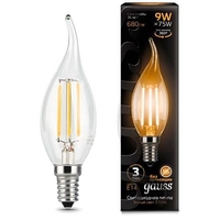 Лампа светодиодная филаментная Filament 9Вт свеча на ветру 2700К тепл. бел. E14 680лм GAUSS 104801109