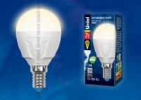 Лампа светодиодная LED-G45 7W/WW/E14/FR PLP01WH форма "шар" мат. серия "ЯРКАЯ" свет теплый бел. 3000К упак. картон Uniel UL-00002419