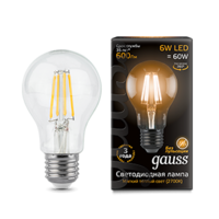 Лампа светодиодная филаментная Filament 6Вт A60 2700К тепл. бел. E27 600лм GAUSS 102802106