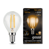 Лампа светодиодная филаментная Filament 9Вт шар 2700К тепл. бел. E14 680лм GAUSS 105801109