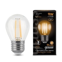 Лампа светодиодная филаментная Filament 9Вт шар 2700К тепл. бел. E27 680лм GAUSS 105802109