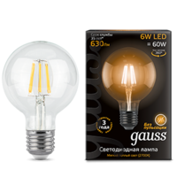 Лампа светодиодная филаментная Filament 6Вт G95 шар 2700К тепл. бел. E27 630лм GAUSS 105802106