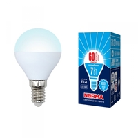 Лампа светодиодная LED-G45-7W/NW/E14/FR/NR . Форма шар, матовая. Серия Norma. Белый свет (4000K). Картон. ТМ Volpe Uniel UL-00003819