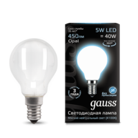 Лампа светодиодная филаментная Filament 5Вт шар 4100К нейтр. бел. E14 450лм milky GAUSS 105201205