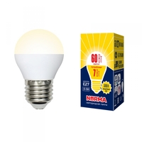 Лампа светодиодная LED-G45-7W/WW/E27/FR/NR . Форма шар, матовая. Серия Norma. Теплый белый свет (3000K). Картон. ТМ Volpe Uniel UL-00003823